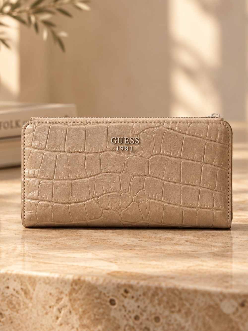 GUESS 1981 Beige Croc-Embossed Zip Wallet